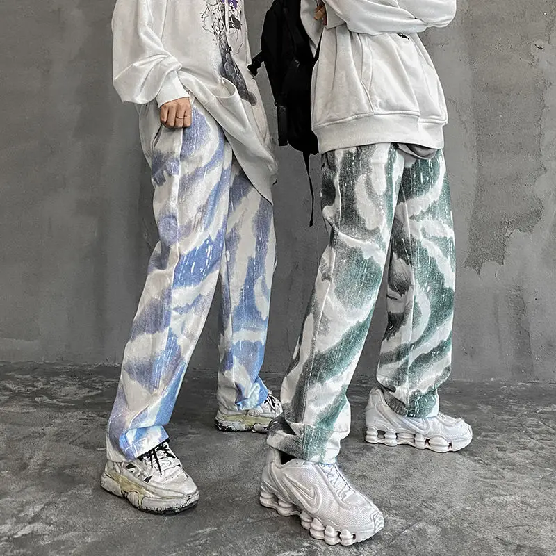 

2021Koreaanse Katoen Tie-Dye Broek Mannen Fashion Retro Casual Broek Mannen Streetwear Wilde Losse Hip-Hop Straight broek Heren
