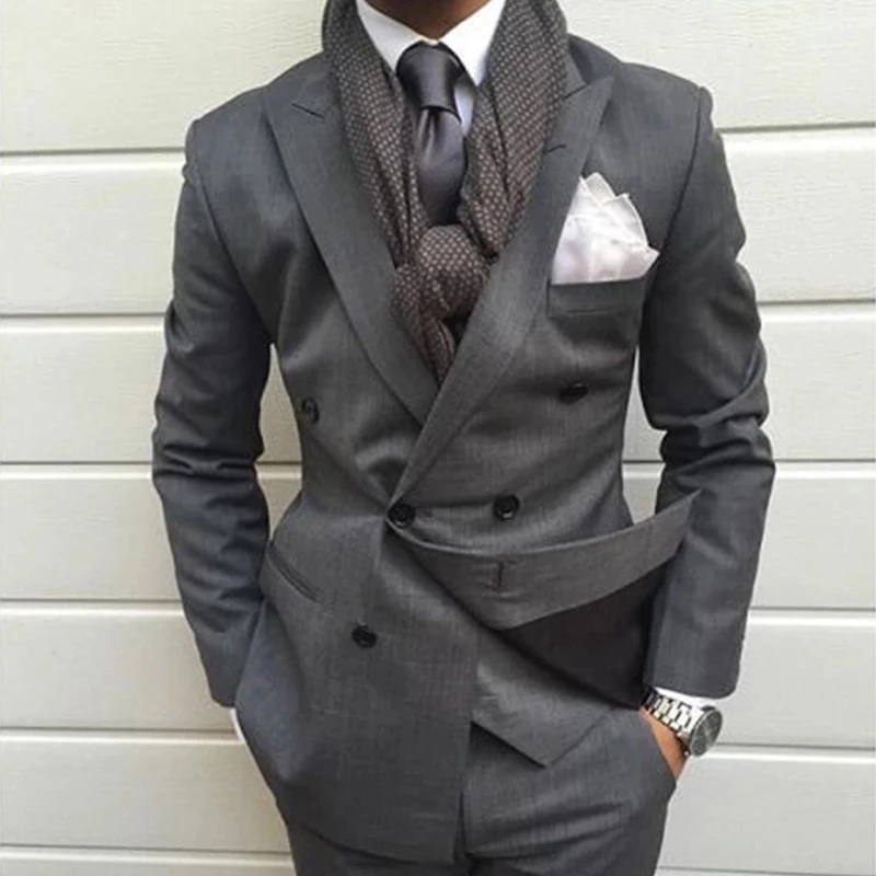 

Grey Double Breasted Slim Fit Men Suit 2 Piece Skinny Groom Wedding Tuxedo Tailor Made Prom Wedding Business Suit (Jacket+Pants)