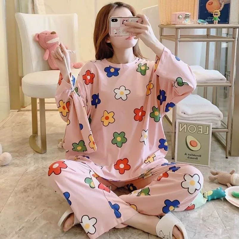 

Pajamas Women's Long-sleeved Cartoon Plus Size Ins Wind Sleepwear Strawberry Pajama Set Summer Home Service 2021 New Pajamas
