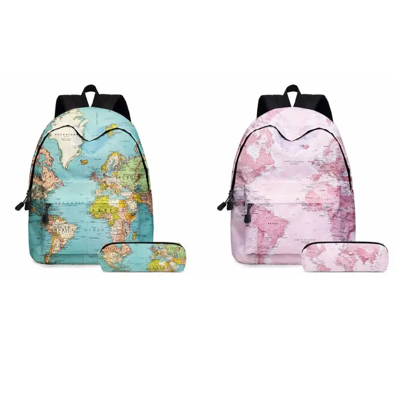 2020 New 2pcs World Map Printing Backpack Laptop Daypack Bookbag with Pencil Case Set Travel Daypack Student Rucksack images - 6