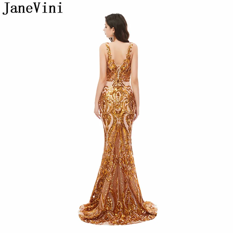 

JaneVini Sparkly Dress for Prom Bling Bling Gold Sequins Prom Dresses Mermaid Long V Neck Formal Evening Special Occasion Gowns