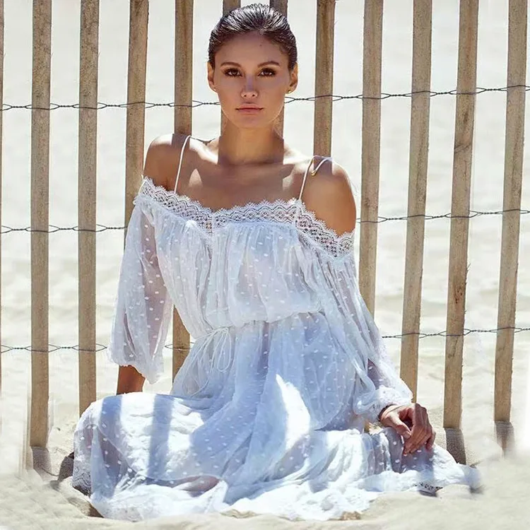 Женское кружевное платье в стиле бохо элегантное прозрачное белое асимметричное
