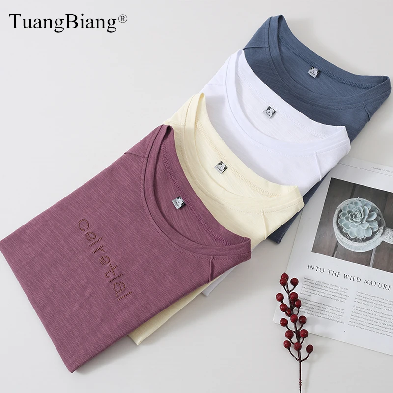 

Summer 2021 Embroidery Letter 100% Cotton T-Shirt Women Short Sleeve Loose Casual Comfortable Tshirts Female Purple Apricot Tops
