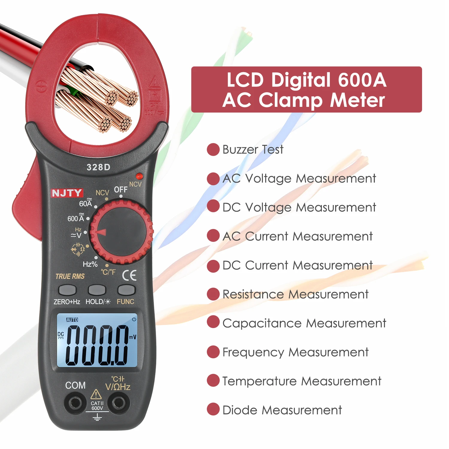 

NJTY 328D 600A AC Clamp Meter 1.6-inch Auto Range 6000 Counts LCD Digital AC True RMS NCV ClampType Universal Meter Multipurpose