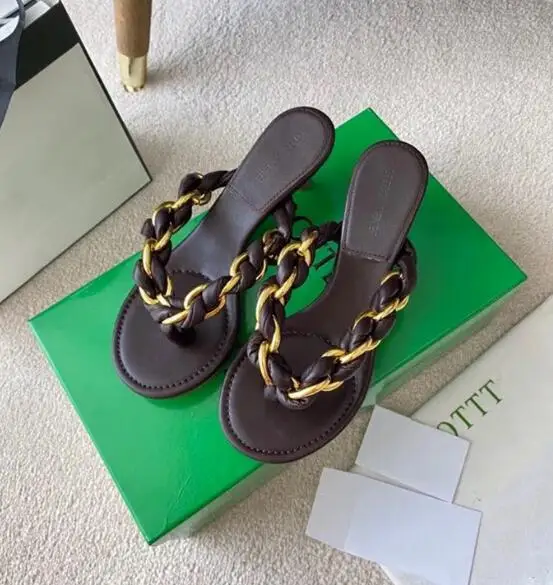 

ladies sexy heel Dot Braided Leather braided chain straps Thong toe Slip-on Sandals chic kitten-heel thongs strap party Shoes
