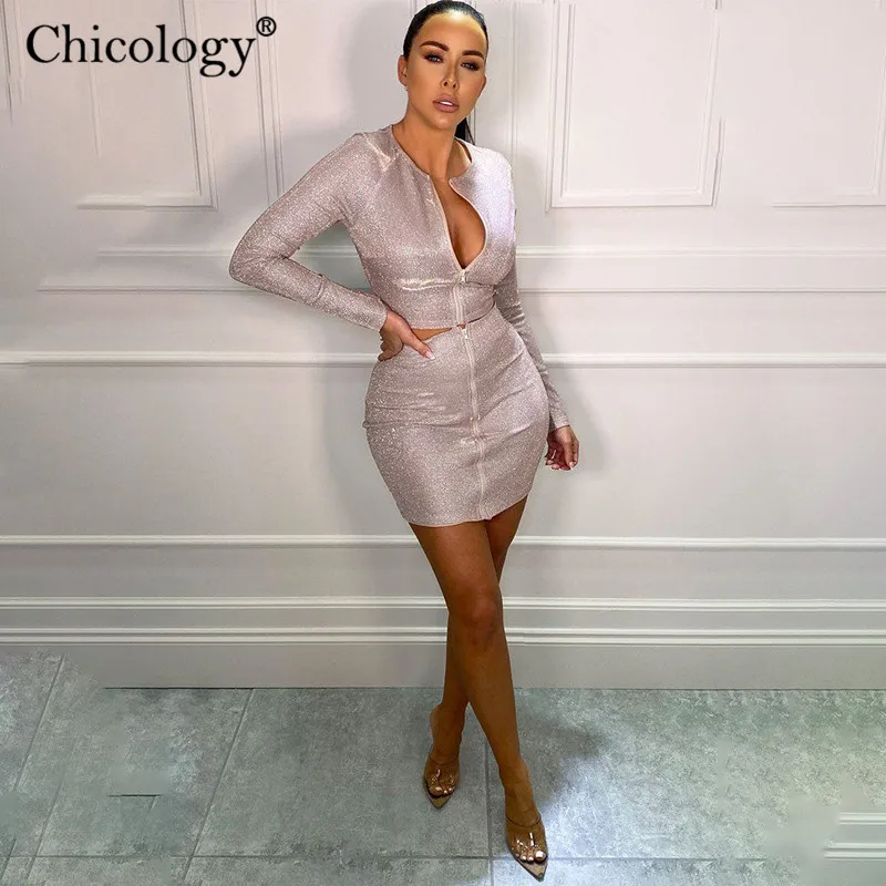 Chicology Блестящий сияющий 2 из двух частей комплект набор женское с длинным рукавом