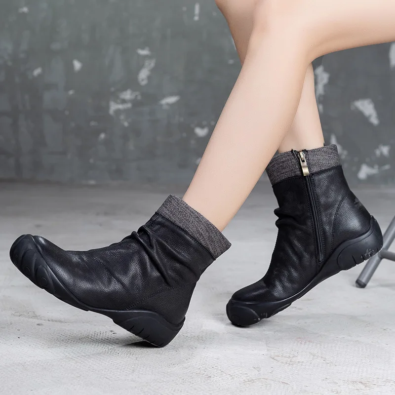 Artdiya Original Genuine Leather Women Boots New Flat Bottom Pleated Ankle Autumn and Winter 2019 Retro Soft Zipper | Обувь