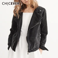 chicever solid patchwork denim jackets for women lapel long sleeve zipper black clothing casual female fashion new 2021 tide
