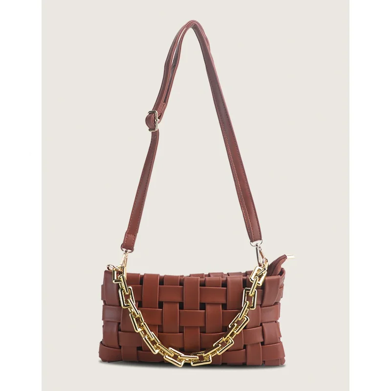 

Women's PU Leather Shoulder Bag Luxury Brand Handbag Lady Fashion Woven Clutch Chain Underarm Bag Female Solid Color Purse