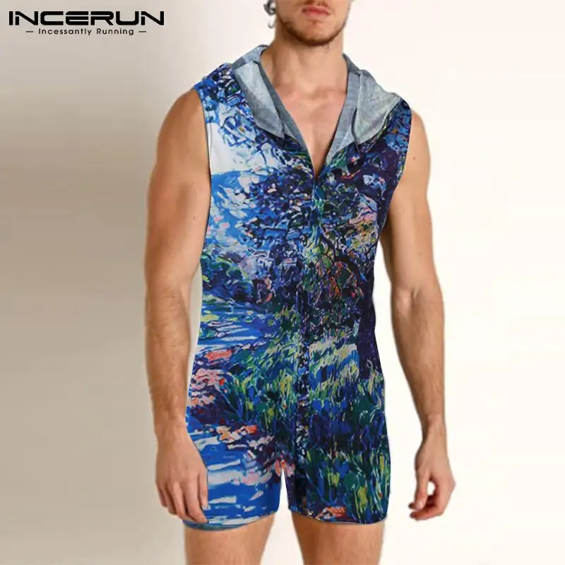 

Комбинезон мужской с капюшоном, дышащий повседневный, с принтом, без рукавов, на пуговицах, шорты, летняя уличная одежда, 2022