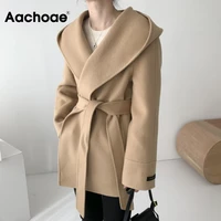 aachoae women solid color wool coats with belt long sleeve hooded pockets coats female chic elegant outerwear