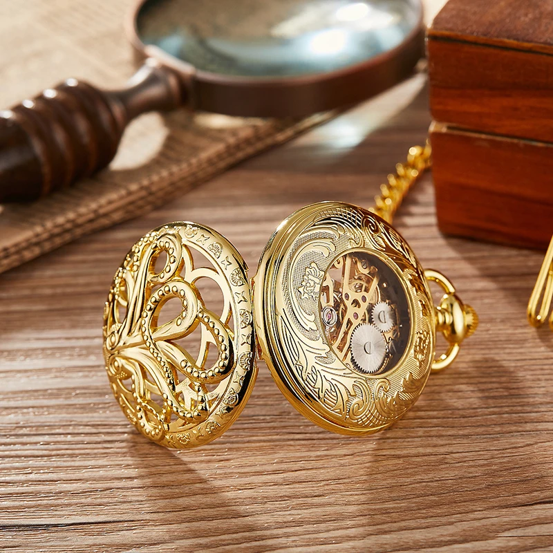 Retro Skeleton Mechanical Pocket Watch Mens Fob Chain Golden Automatic Self-winding Women Men Watch Gift Clock Reloj de bolsillo