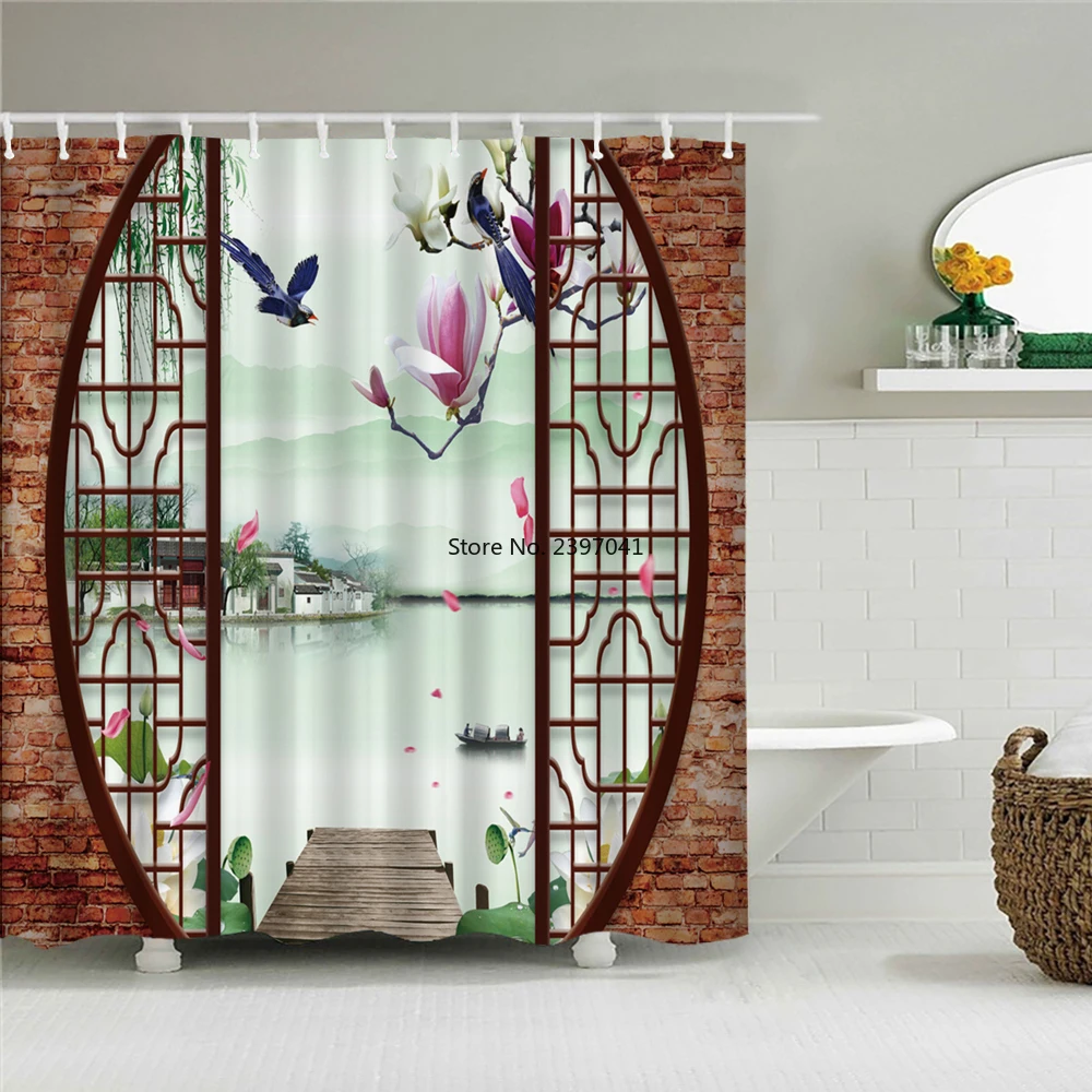 

The Traditional Chinese Ink and Wash Painting Landscape Paintings Shower Curtain Black and White Artistic Conception with Hooks