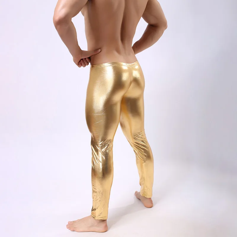 Мужская лакированная кожа выпуклость мешок длинные брюки нижнее белье одежда
