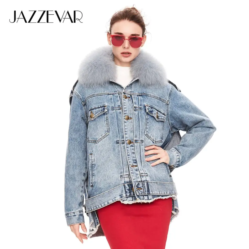 JAZZEVAR 2019 Зима новое поступление джинсовая куртка женская с меховым воротником