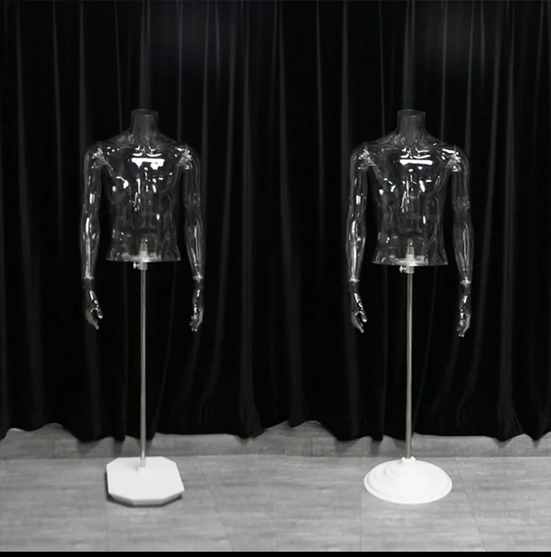 

Transparent Male Mannequin Bracket Headless Straight Hand Half Length Male Model Photographing Hollow 3D Transparent Bust
