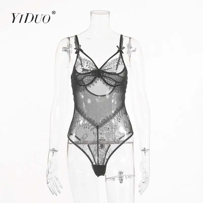 

YiDuo Mesh Lace Black Bodysuit Women Sexy Transparent Rompers Female Bodycon Body Push Up Bodysuits Party Club Wear 2020