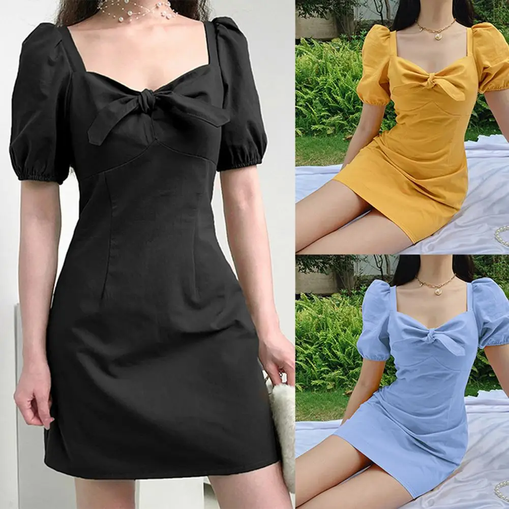 

Summer Women Dress Puff Sleeve French square collar dress Collar Elegant Solid Color Bowknot Skirt Street Style ropa mujer