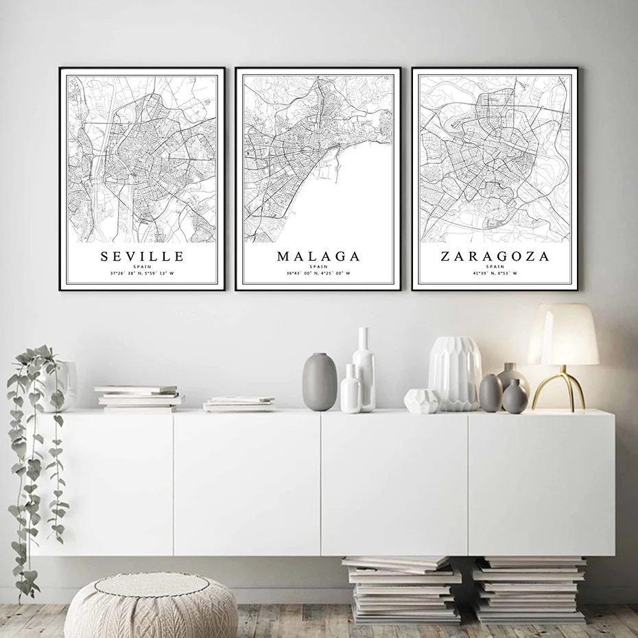 

Spain City Map Barcelona Madrid Malaga Seville Valencia Zaragoza Canvas Room Decor Painting Wall Art Prints Posters Aesthetic