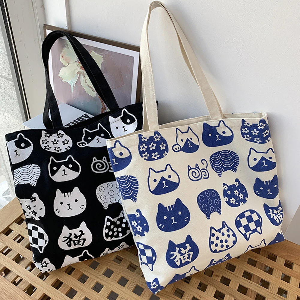 

New Designer Women's Shopping Bags Women Canvas Cartoon Cat Print Shoulder Bag Large Capacity Tote Handbags Shopping Bags