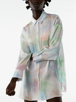 za summer new style ladies fashion temperament lapel satin texture tie dye shirt top