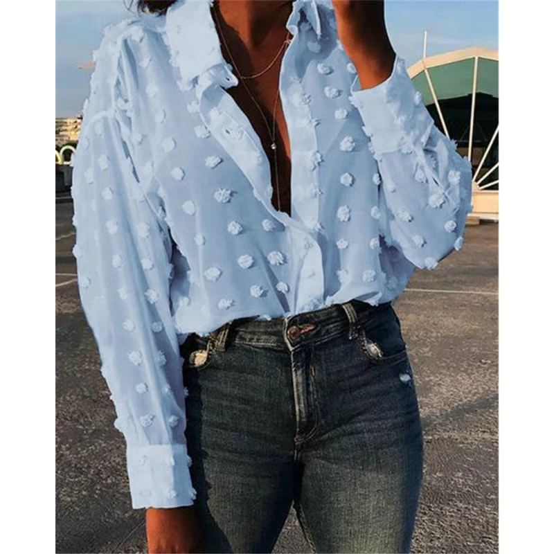 Женская Свободная Повседневная Блузка прозрачная рубашка в горошек с длинным
