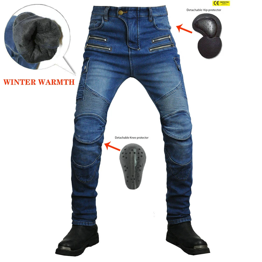 2022 NEW Winter Fleece Warm Motorcycle Moto Pants Motocross Outdoor Riding Zipper Blue Jeans With Protective Equipment Knee Pads
