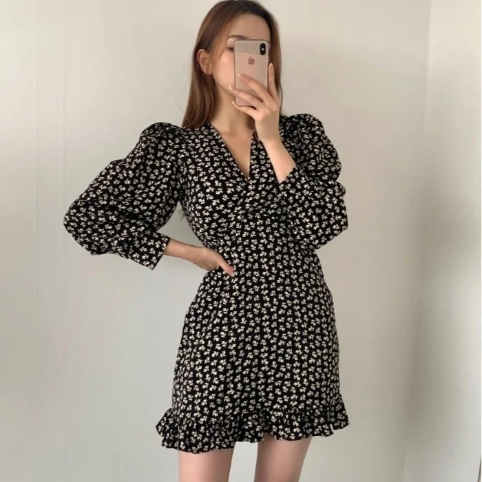 

Korean Chic Sexy V-neck Bubble Long Sleeve Tight Waist Slimming Flounce Hem Floral Skirt Dress Autumn