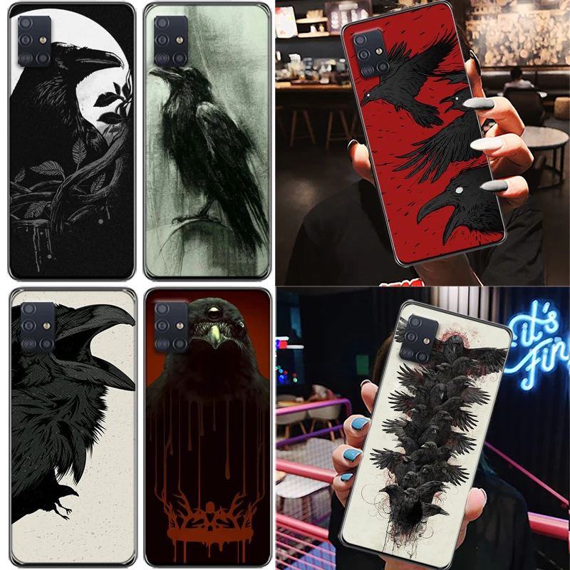

Hand Painted Crow Phone Case For Samsung Galaxy A31 A11 A21S A41 A51 A71 A72 A52 A42 A32 4G 5G Horror Black Crow Cases Soft TPU