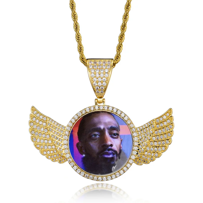 Hip Hop European and American Style Custom Photo Round wing Shape Pendant Necklace for Fashion Jewelry