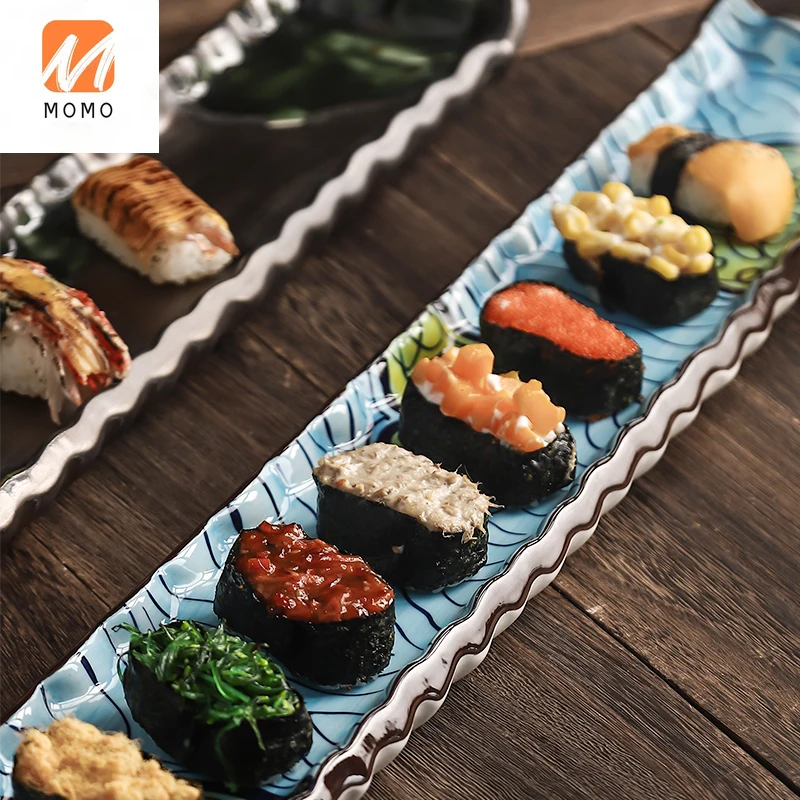 

Hand Painted Ceramic Japanese Cuisine Wave Sushi Plate Long Plate Sashimi Plate Salmon Rectangular Plate Long Plate