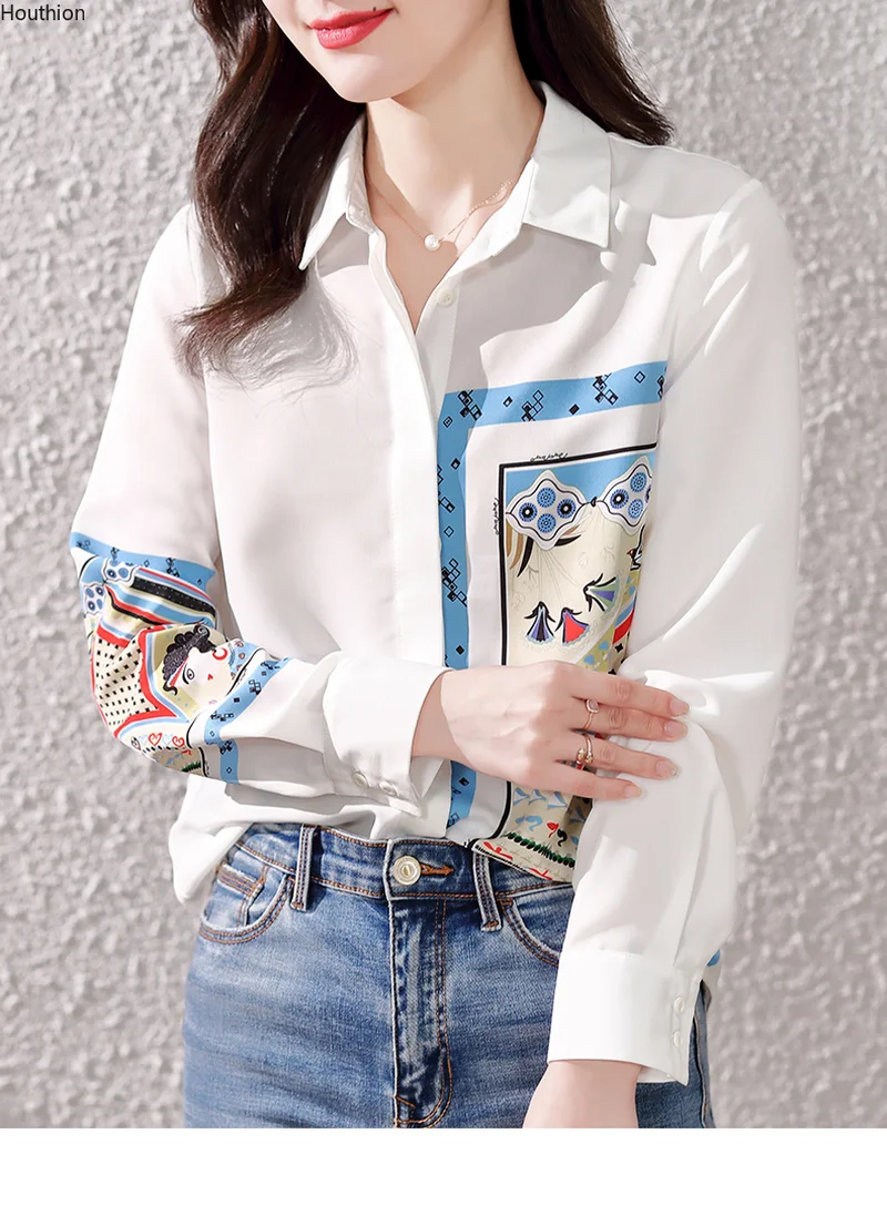 

Шелковая женская блузка, Однотонная рубашка-поло для девочек, модный Свободный Топ с длинным рукавом, повседневная Летняя женская шифонова...