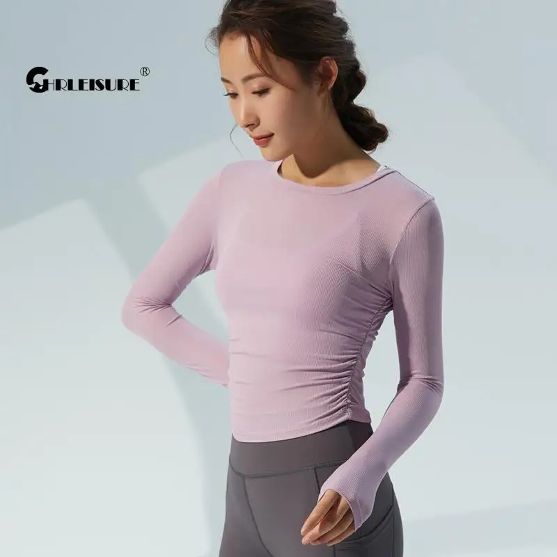 

CHRLEISURE, тонкий спортивный топ, короткий шнурок, боковые швы, дышащий, Йога, длинный рукав, для бега, эластичные, быстросохнущие, для фитнеса, бл...