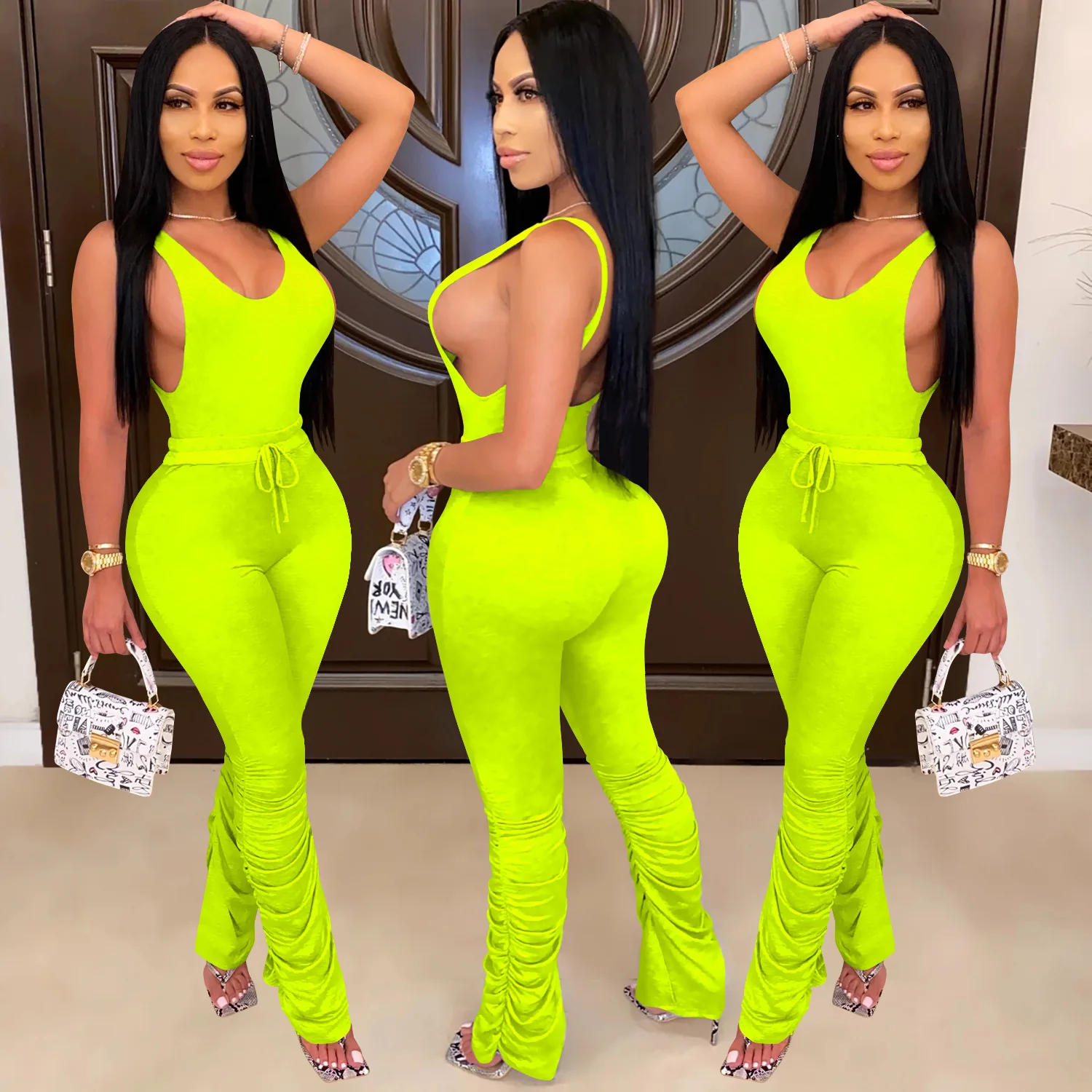 

2020 New Arrival Sexy Women's Casual Bodysuit Low-cut Sleeveless Top Tight Lace Up Long Pants for Summer and Autumn