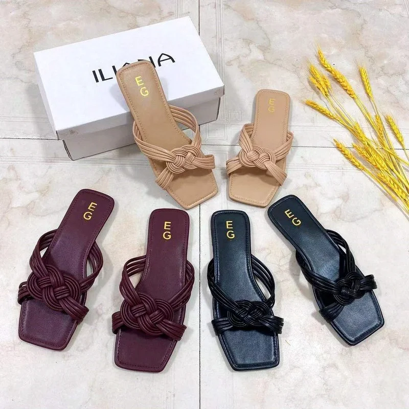 

2021 Summer Women Slipper Fashion Brand Weave Flat Heel Slides Open Toe Ladies House Flip Flops Casual Beach Sandal Shoes