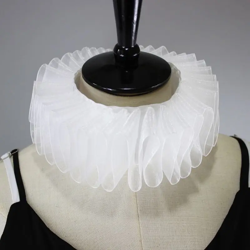 

Womens Renaissance Elizabethan Ruffled Fake Collar Chiffon White Clown Neck Ruff Victorian Halloween Cosplay Costume