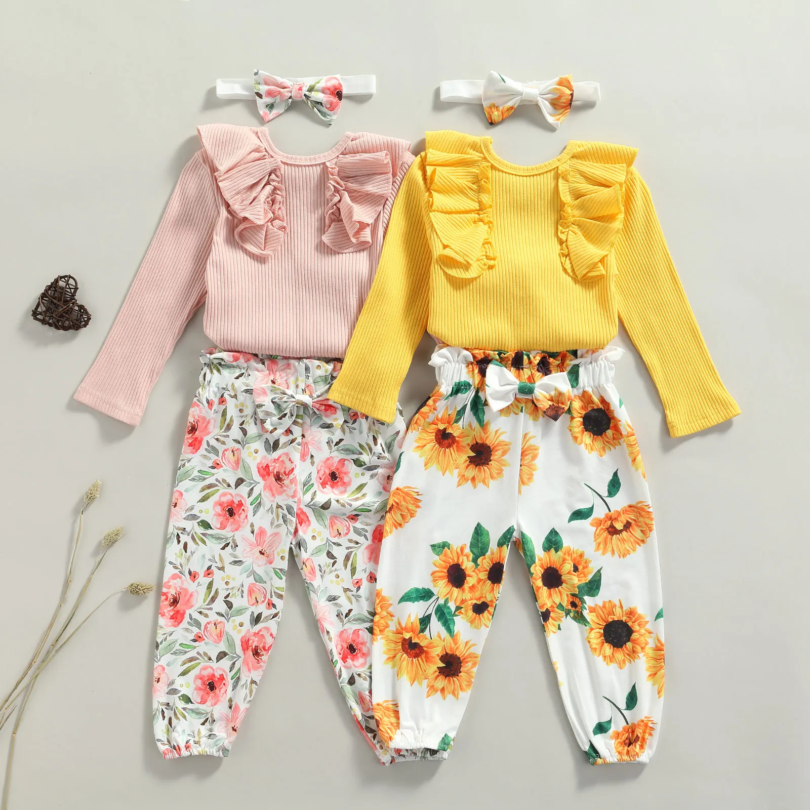 

Спортивный костюм для девочек 3 шт., однотонный пуловер с длинным рукавом и круглым вырезом + брюки с эластичным поясом и цветочным принтом + ...