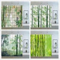 Green Bamboo Shower Curtains Spring Plant Scenery Bird Butterfly Koi Leaf Pattern Zen Garden Bathroom Decor Cloth Curtain Set