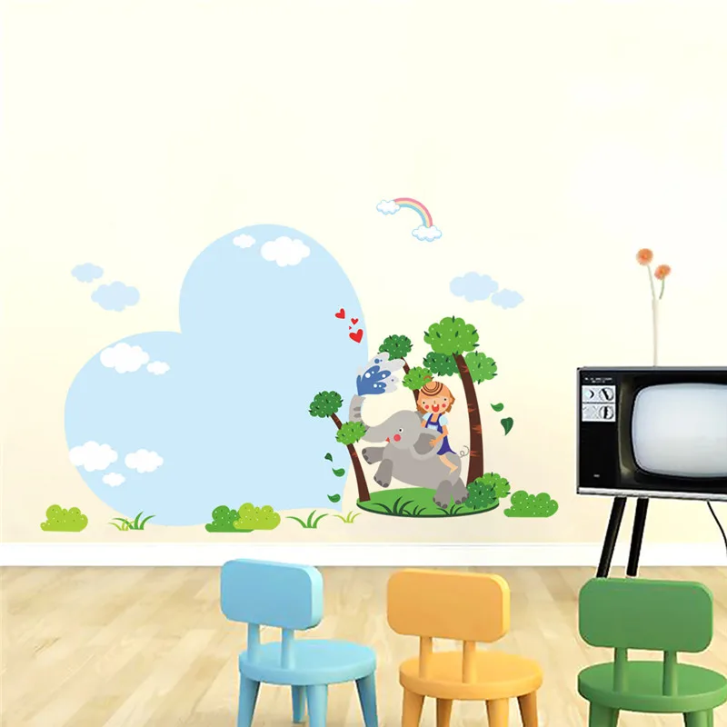 

Cartoon Jungle Forest Elephant Tree Animals Wall Sticker For Kids Rooms Children Boys Nursery Bedroom Wall Decals Poster Mural