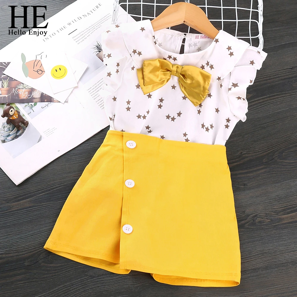 

HE Hello Enjoy Female Children's Clothing Girls Summer Set infantil Girl Kids Blouse+Shorts 2PCS Suit Toddler Girl Clothing 2021