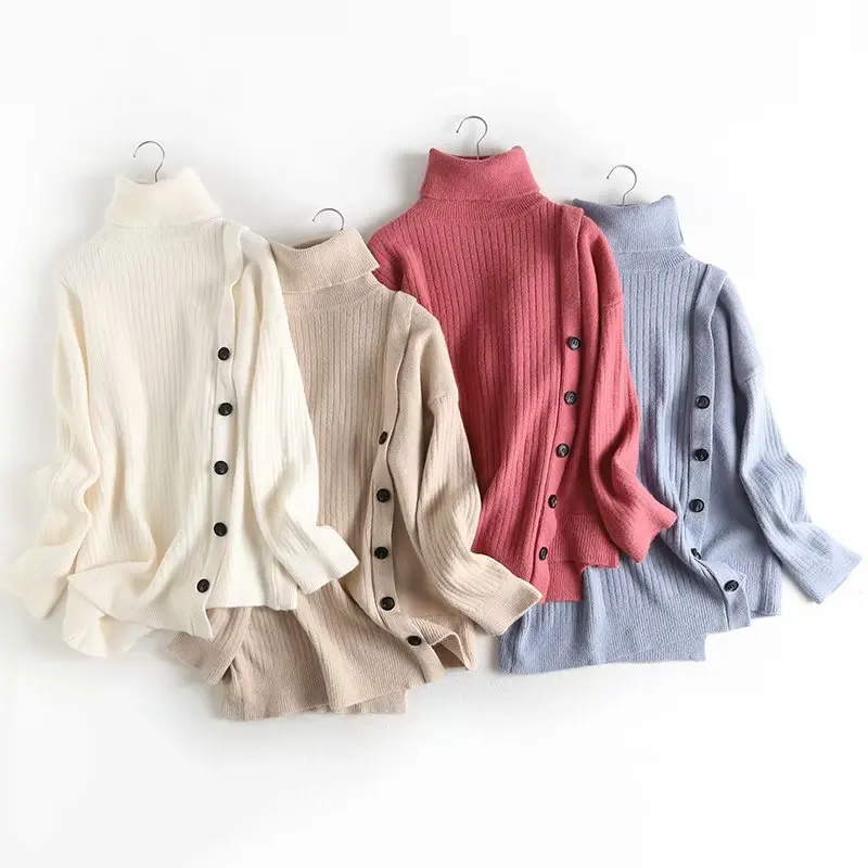 

Lazy Wind Turtleneck Long-sleeved Sweater Female Side Buttons Irregular Solid Knitted Bottoming Pullover Jumpers Women Spring