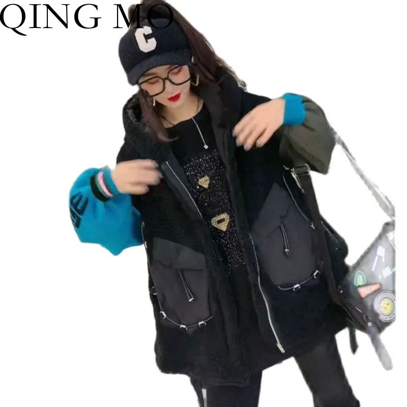 

QING MO 2021 Winter New Cashmere Hooded Quilted Vest Jacket Women Fashion Stitching Loose Large Size Warm Black Vest ZWL1946