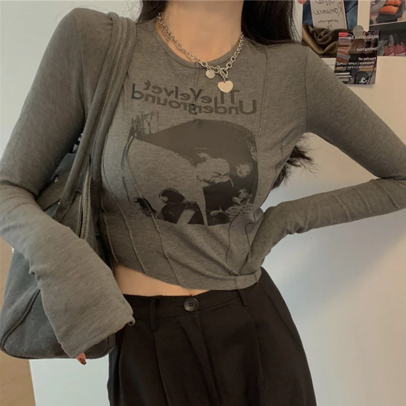 

Y2KIrregular Letter Printing T-shirt Women's Black Tights Autumn 2021 New Slim Long-sleeved Bottoming Shirt