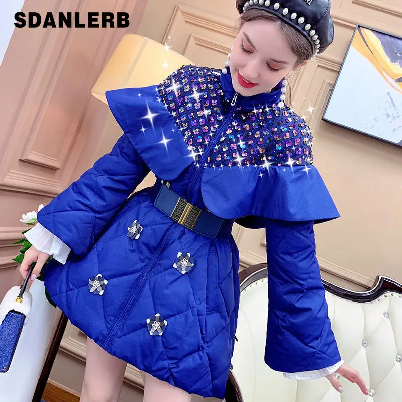 

Temperament Cape Coat Women's High Waist Slimming Parkas Cotton-Padded Jacket Autumn Winter 2021 New Blue Clothing with Belt