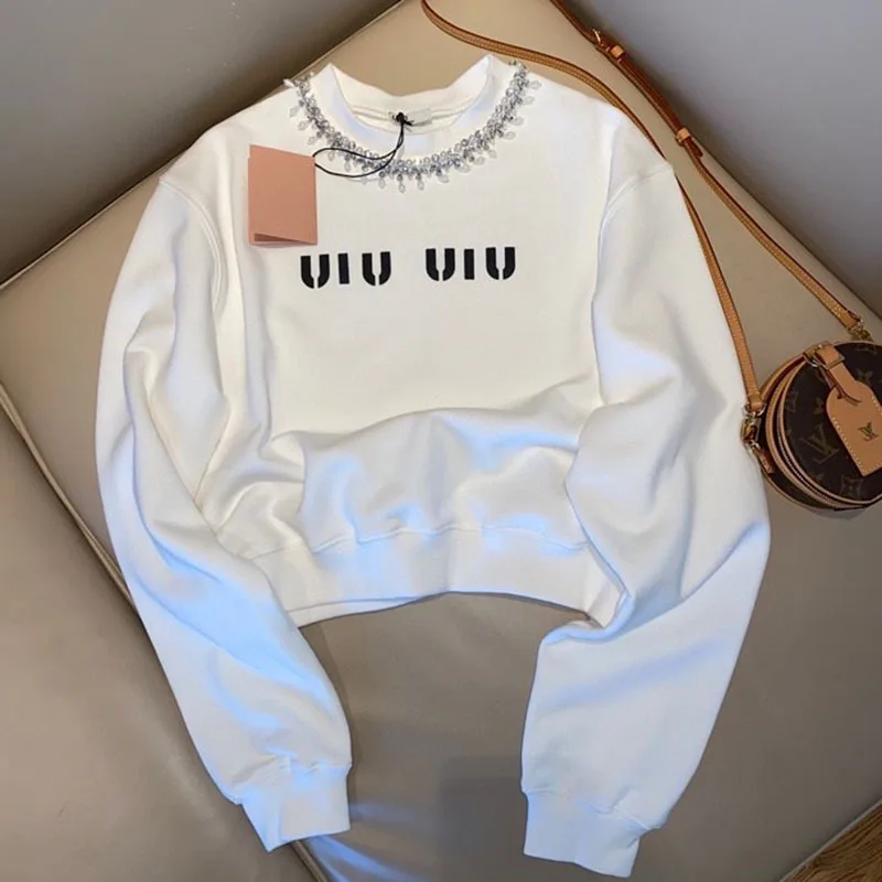 

2020 Women Autumn Fashion Letter Print Diamond Sweatshirt White Female Loose Casual Cotton Pullovers Plus Size Ladies Tops Y7