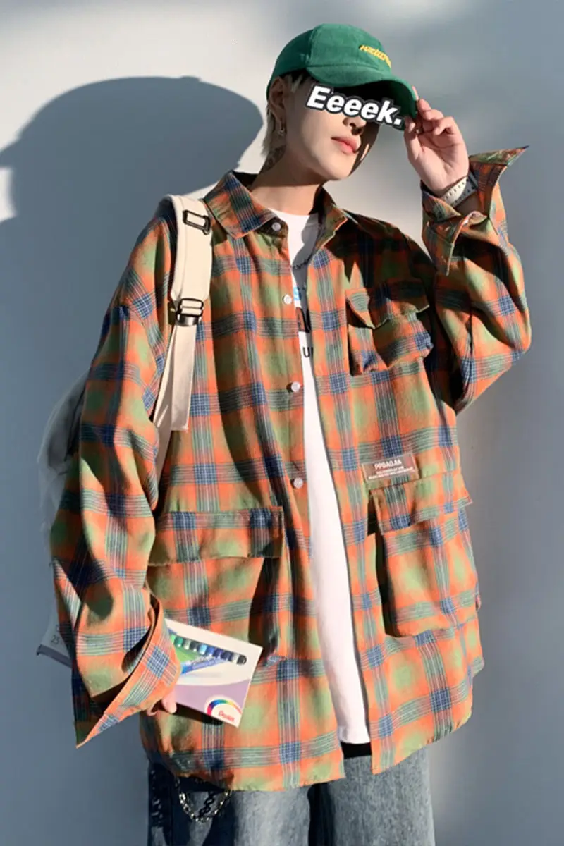 

2021 Spring And Autumn New Youth Popular Men's Loose Color Matching Plaid Single-breasted Long-sleeved Shirt Fashion Lapel Top