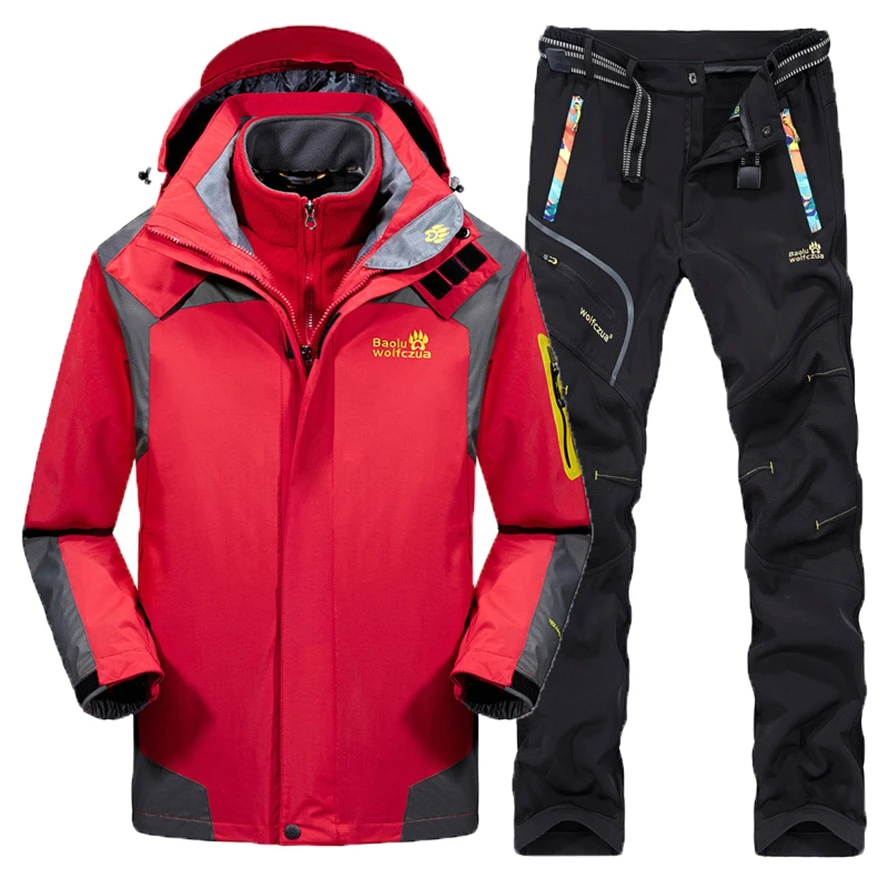 3-in-1 Set Winter Men Hiking jacket & Pants Thermal Waterproof Windproof Coat Fishing Hunting Ski Suit Outdoor Sports Tracksuit