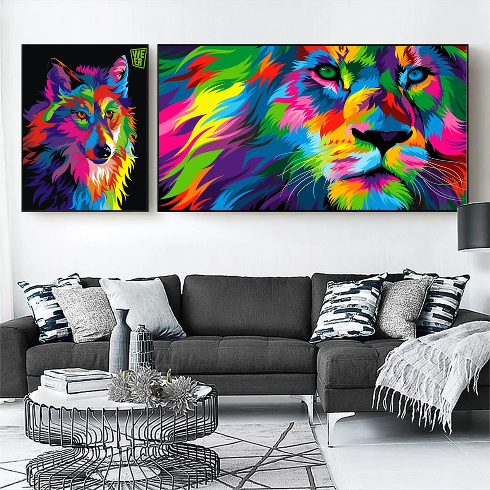Абстрактная живопись Красочные животные Лев и собака картина для офиса гостиной