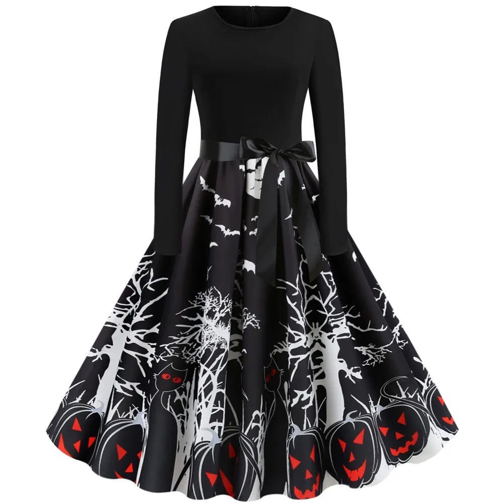

10 Color Fancy Pumpkin Printed Halloween Dress Long Sleeve Mid Length Princess Swing Dress Ladies Costume for Festival Party