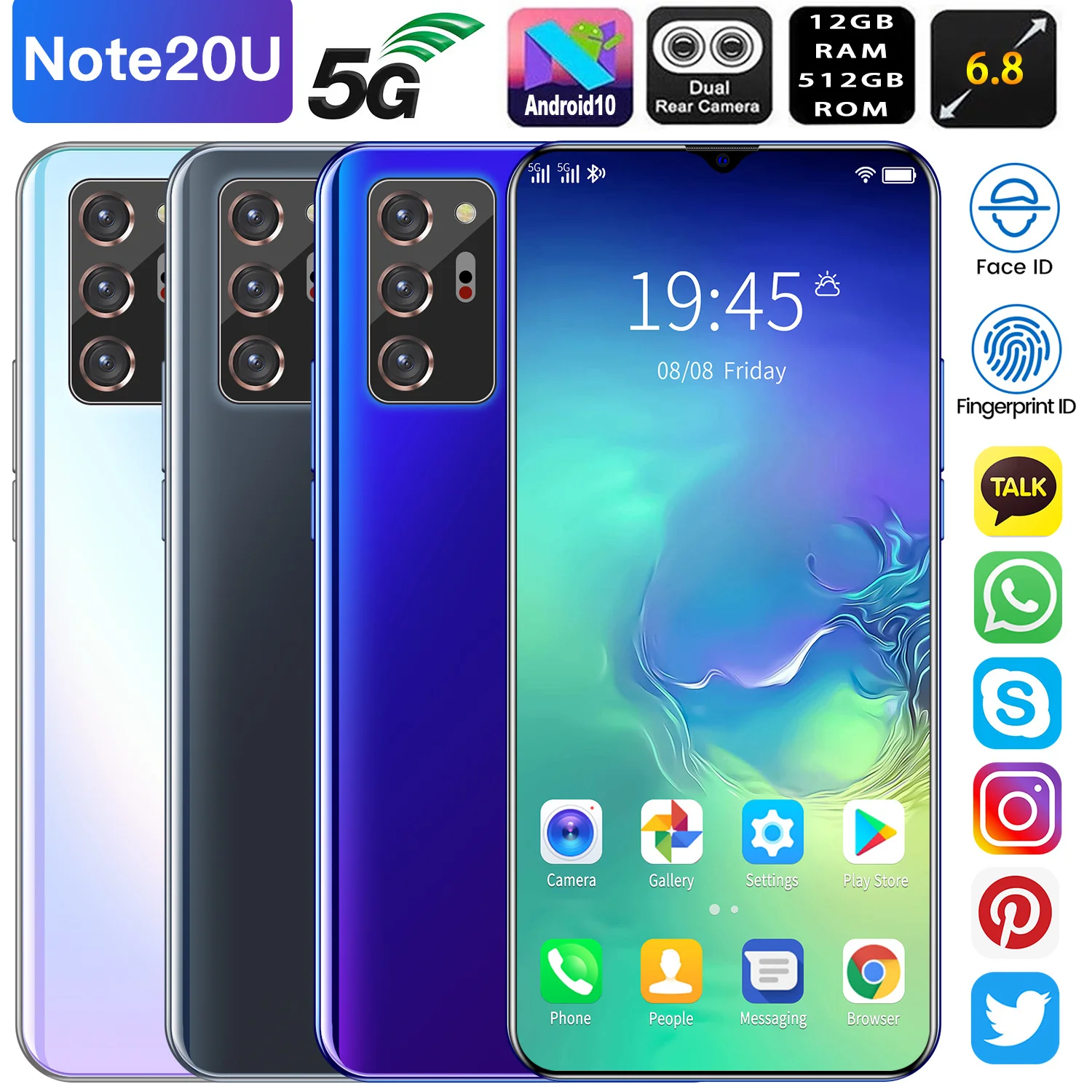

Note20U+ Smartphone 6.9Inch 4500mah Android 10 Dual SIM 4G 5G 32+64MP HD Camera Face Wake 12+512GB Global Version Network Phone